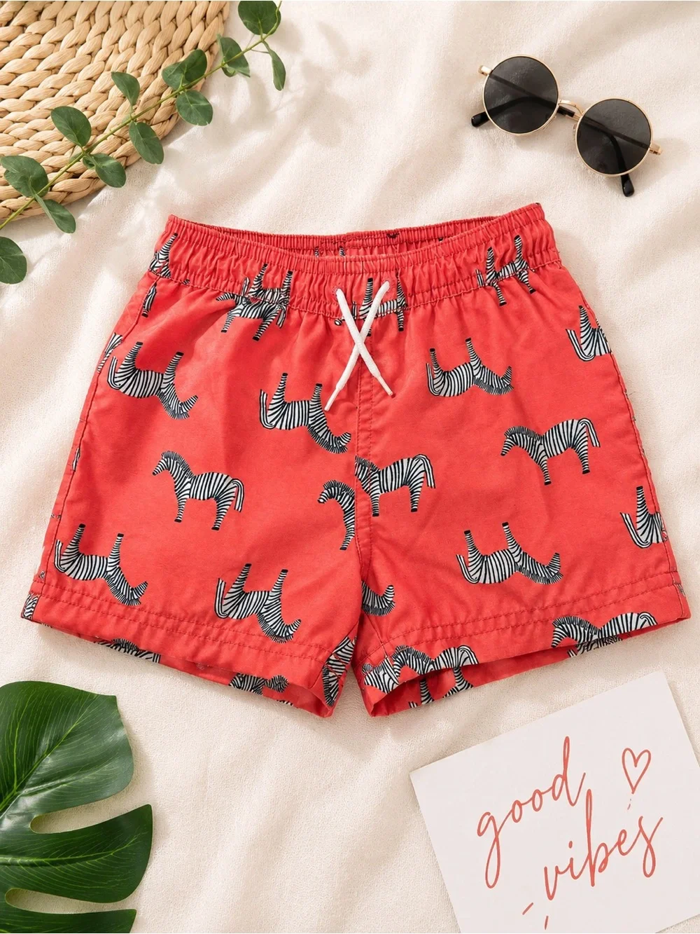 Janie and Jack Coral Red Zebra-Accent Swim Shorts